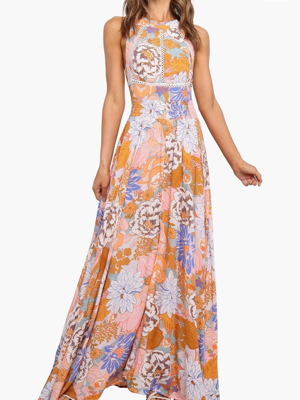 Petal & Pup Floral Halter Maxi Dress in Peach, Orange & Blue